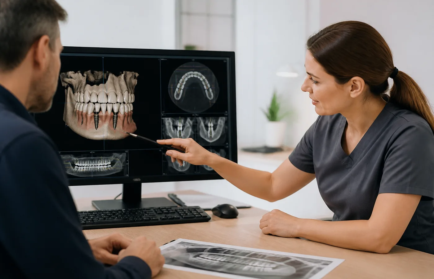 Diş hekimi ile danışan kişinin implant planlamasını görüntüler üzerinden konuştuğu nötr aydınlatmalı muayene ortamı